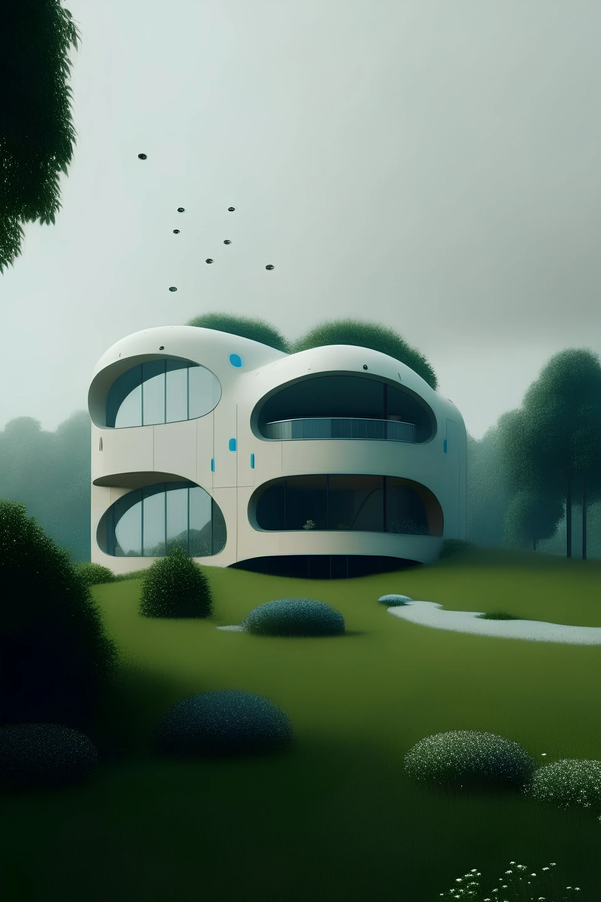 minimal building with cream walls and little light blue windows a little bit look like space ships in star wars movie and also the wild flowers in the some parts of the facades and and super realistic render with high quality as vantage renders and view in a rainy day with trees in back ground and jungle behind the house also the house has cream facades and it is curve building like space ship