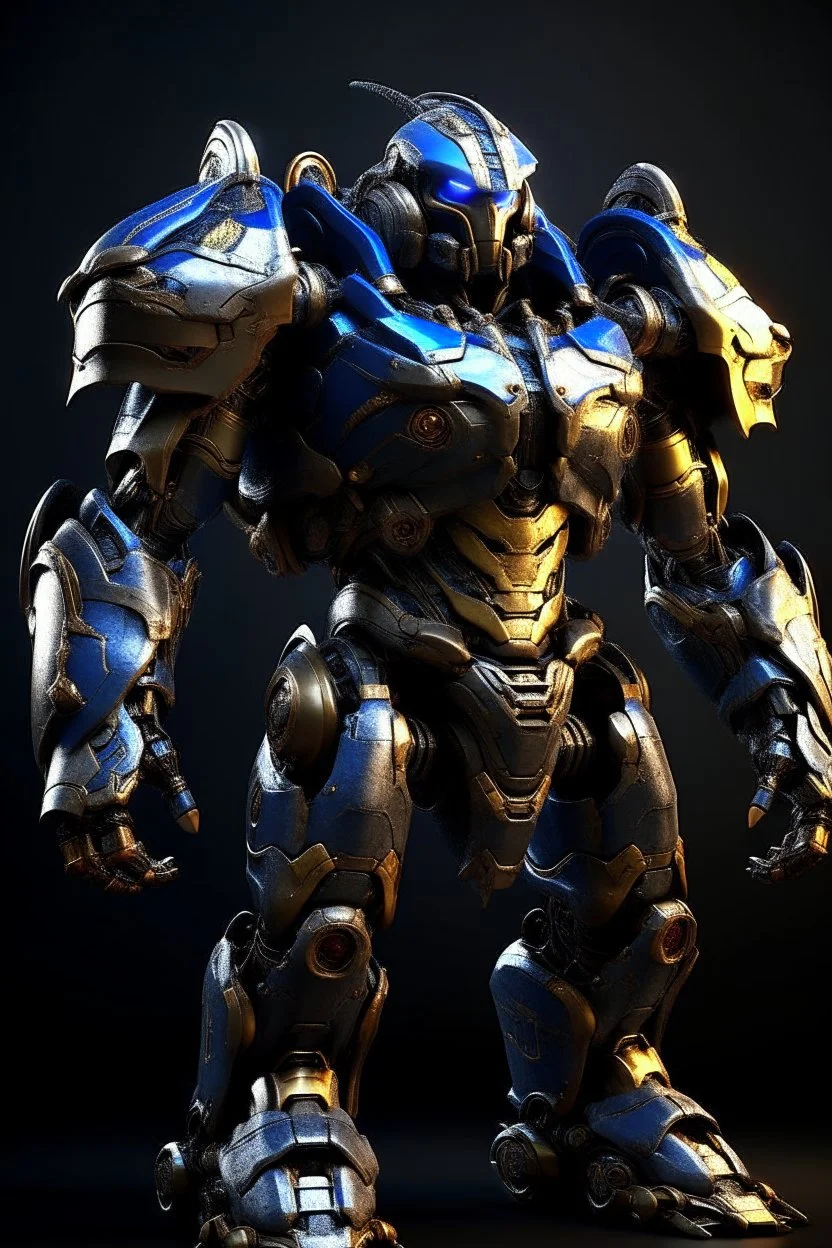 Ironclad stands at an imposing 8 feet tall and is heavily armored with a combination of sleek metallic plating and blue energy accents. Its body is adorned with a polished, reflective surface, giving it a distinct and imposing presence on the battlefield. His waist is snatched. His design is HEAVILY inspired by Nullsector from Overwatch