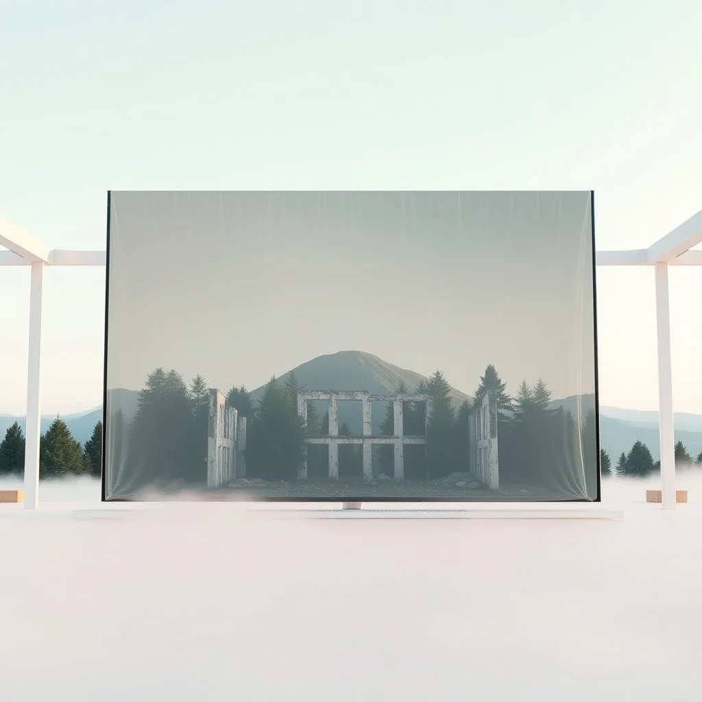 A super high definition photo of an open space with white structures and a large computer screen. A transparent tarpaulin covers an image resembling a ruined building. There is a group of fir trees in the background and a high hill in the distance. The surface below is in a pastel color. Fog is present.