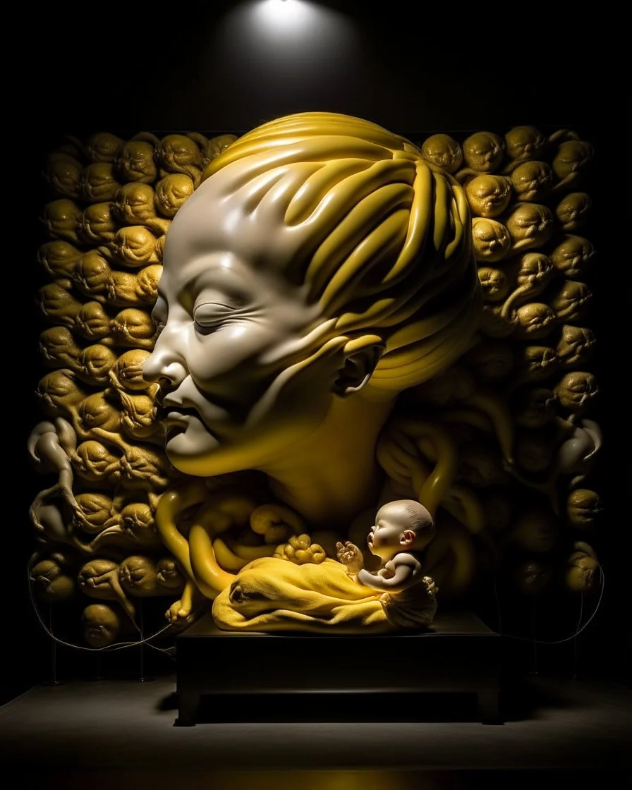 a huge golden inflated sculpture of brain supported by very small beautiful Asian female human bodies, Communist propaganda slogan banner,complex surgical instruments,a newborn boy between light and shadow, black background,surrealism, symbolism, minimalism, sculpture by Lucian Freud, Rene Magritte, Salvador Dali