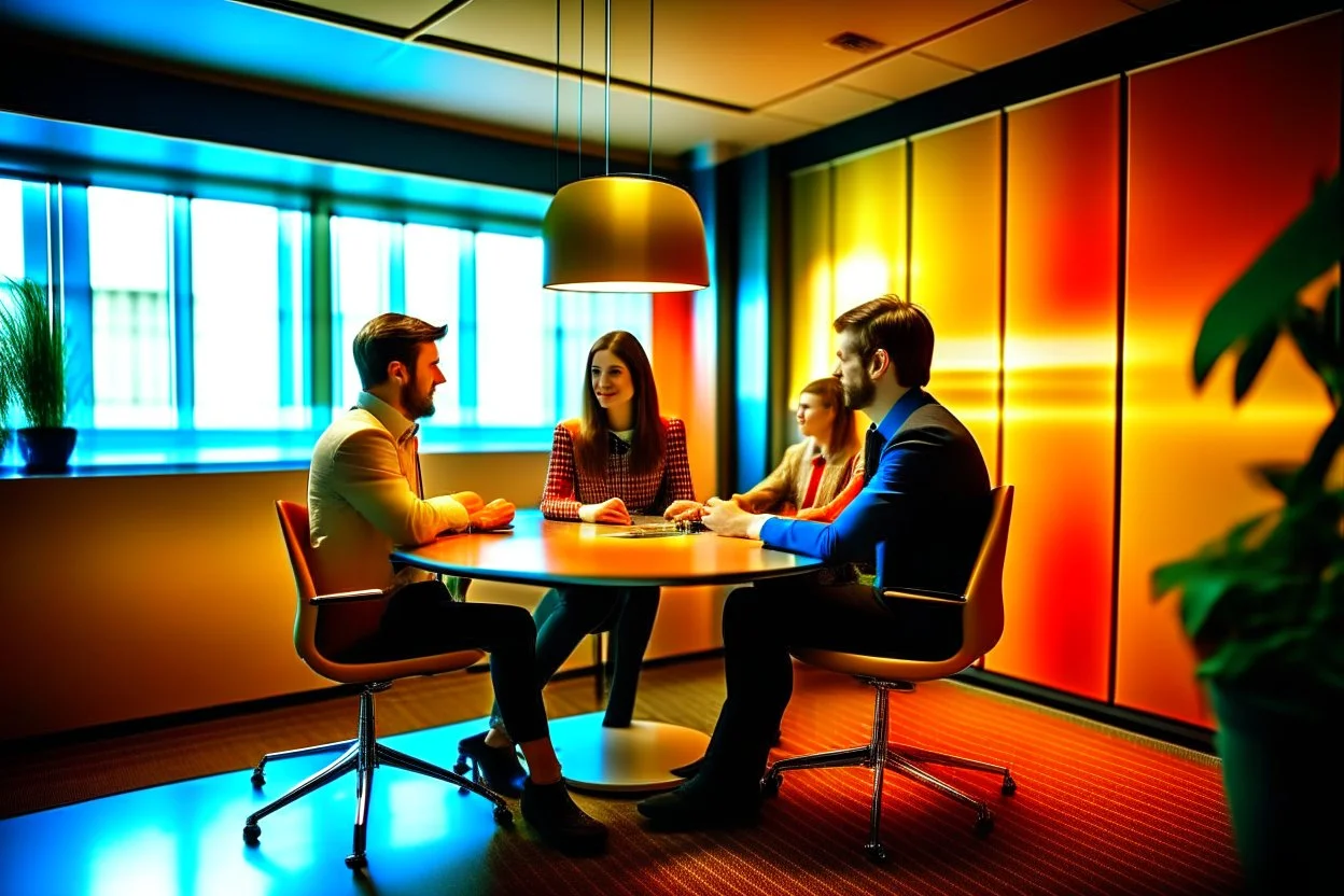 Reunión de 4 personas en una mesa de reuniones en una oficina. Fotografía en color. Con cámara Leica 35 mm. Oficina moderna, con colores vivos