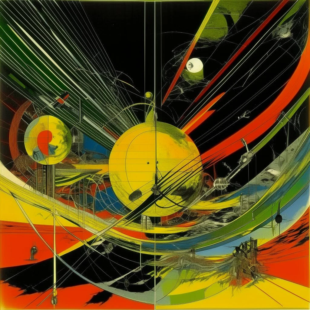 sci-fi schematic of solar wind patterns cross referenced with warming trends, geometric art, straight lines and precise arcs; chaotic science schematic, by Graham Sutherland