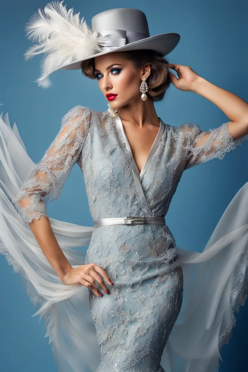 full body beautiful girl, elegant silver,lace clothes of the 80s, luxury style, small elegant hat with feather, hair of the 80s, pearl necklace, earrings masterful, beautiful face,blue backdrop