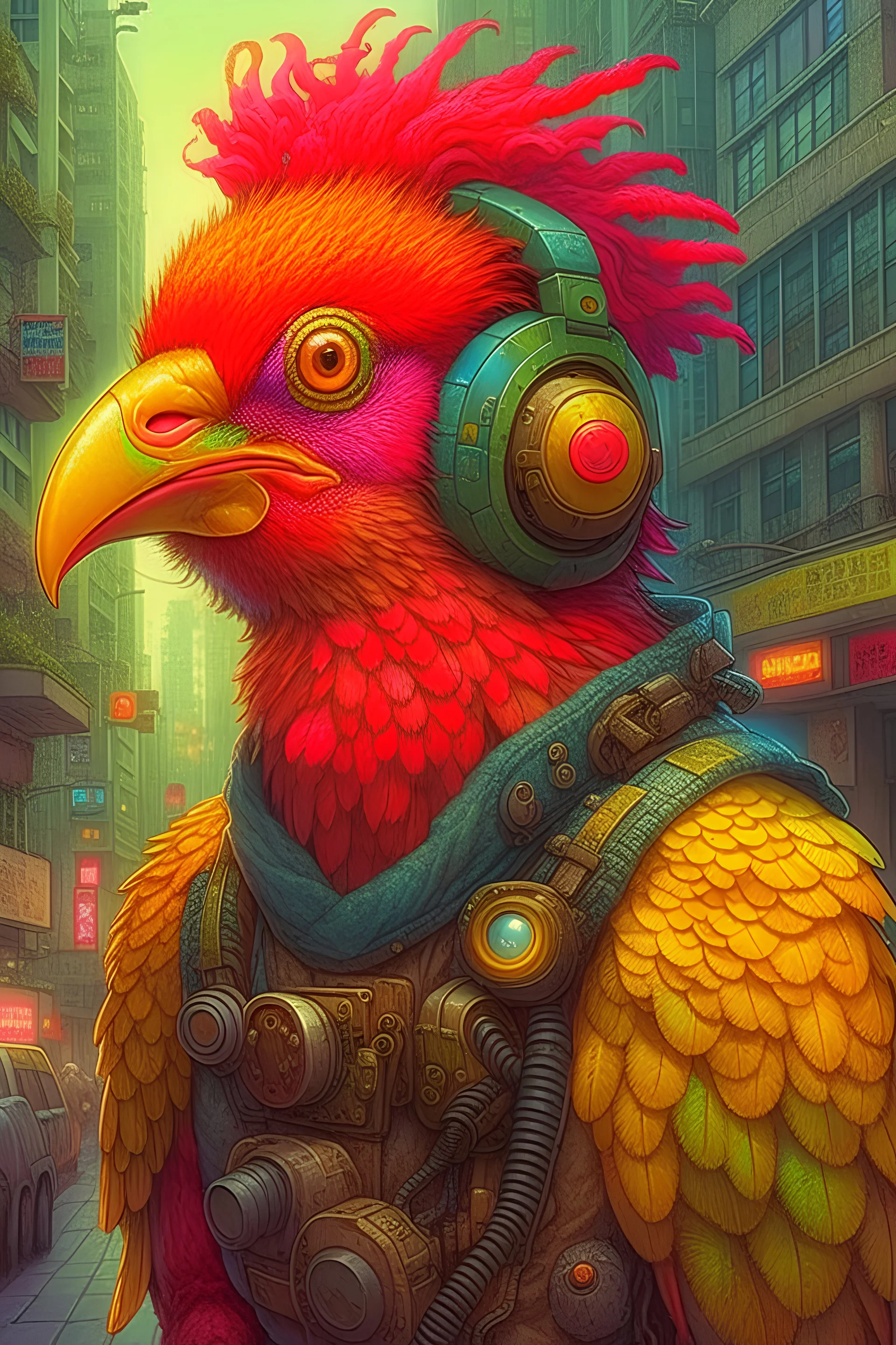 "Portrait of a steampunk chicken in a cyberpunk city, by Arai Yoshimune, Simon Stålenhag, and Dan Mumford Photorealism hyperdetailed trending on Artstation 8k resolution digital illustration cel-shaded Ukiyo-e romanticism expressionism impressionist"