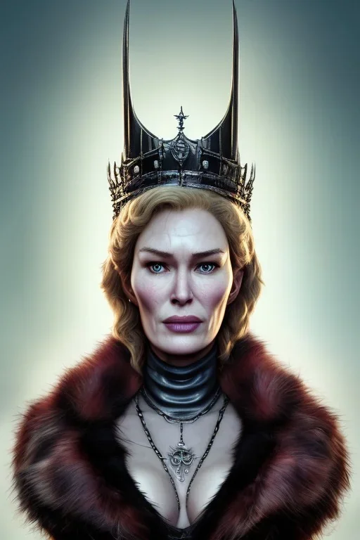 Cersei Lannister as evil queen in black leather and fur, busty, cleavage, curvy, lena headay, angry, stern look. character design by cory loftis, fenghua zhong, ryohei hase, ismail inceoglu and ruan jia. unreal engine 5, artistic lighting, highly detailed, photorealistic, fantasy