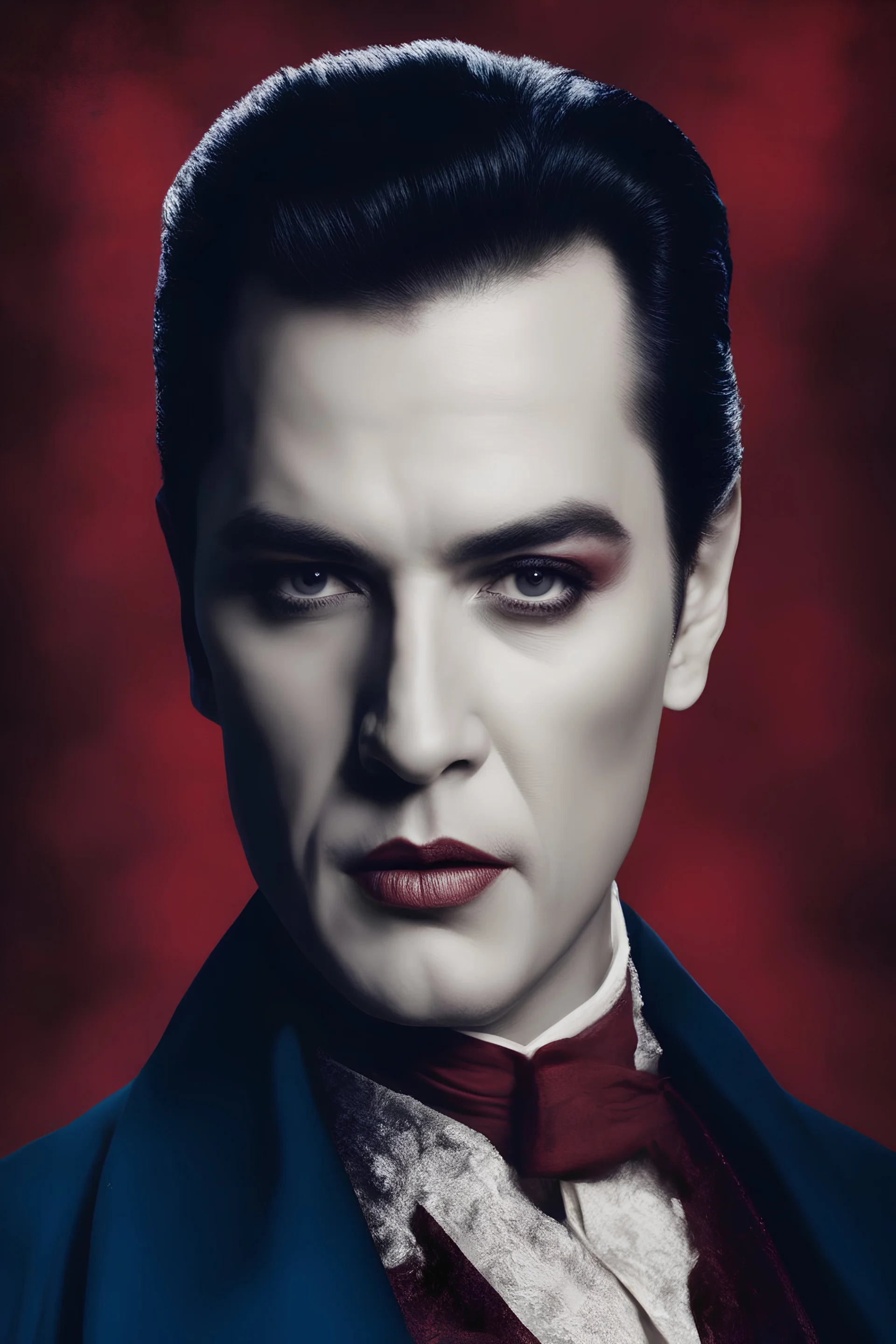 facial portrait - Elvis Lugosi, as Dracula - 32k, UHD, 1080p, 8 x 10, glossy professional quality digital photograph - dark blue and dark red, and light maroon and purple and foggy black gradated background, historic, powerful, octane rendering, exquisite detail, 30 - megapixel, 4k, 85 - mm - lens, sharp - focus, intricately - detailed, long exposure time, f8, ISO 100, shutter - speed 1125, diffuse - back - lighting, ((skin details, high detailed skin texture)), (((perfect face))),