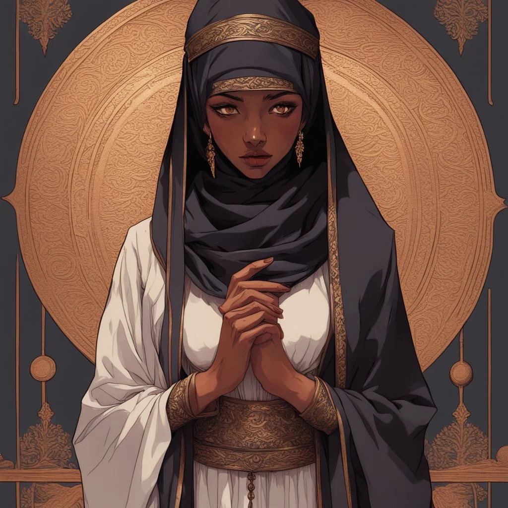 dark art about a muslim female who is conflicted about her desires, anime aesthetic, highly detailed, sharp, sharp focus, illustration, in the style of studio ghibli, j, c, leyendecker, artgerm,