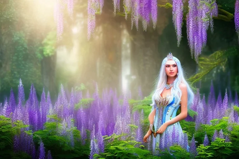 Fantasy cute elf with transparent wings, smiling, make up, long blond platinum hair, blue eyes, crown, beautiful dress, wisteria flowers and mushrooms in background, HQ, high key lighting, volumetric light high details