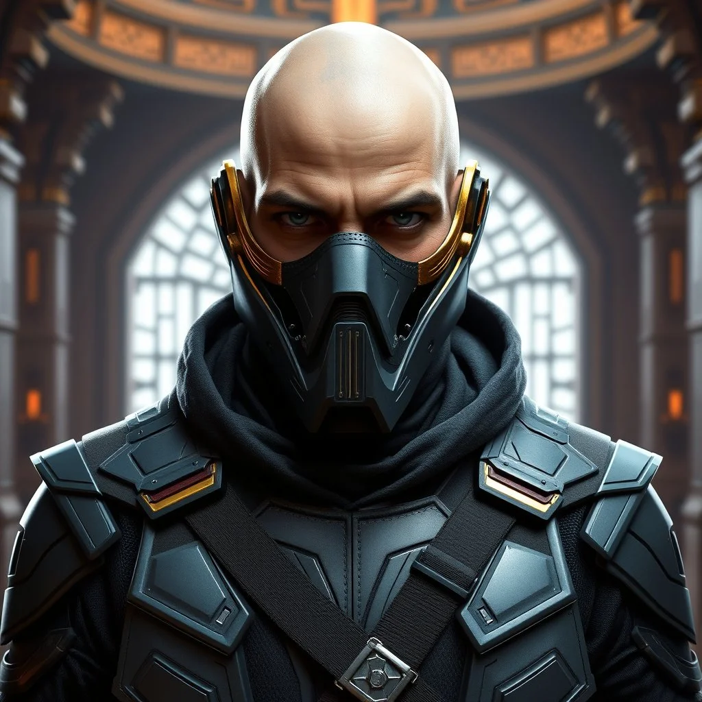 bald male corellian jedi wearing gunmetal grey and black old republic armored flightsuit and breath mask with gold and metallic red trim inside the jedi temple, centered head and shoulders portrait, hyperdetailed, dynamic lighting, hyperdetailed background, 8k resolution, volumetric lighting, light skin, fully symmetric details