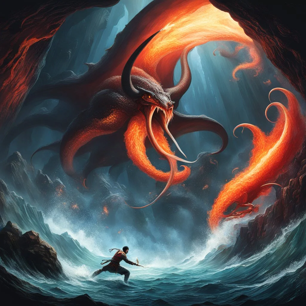 A Balrog fights the Giant Squid in a sea cave