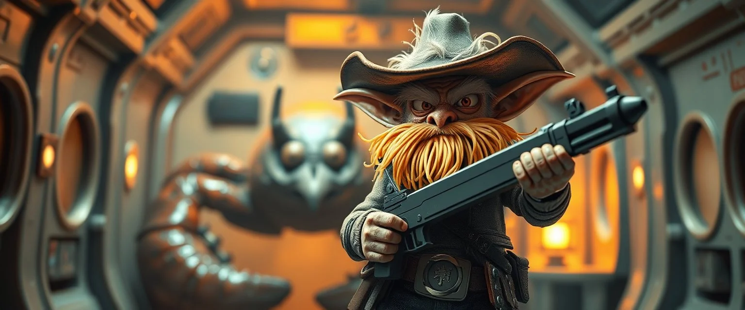 air brush 3d with pen outline,spaghetti boss gunslinger with ammo belts, western fluffy elder goblin troll edgy hero with slightly glowing eyes in front of glistening space lobster dog, shallow depth of field, warm lantern, pin hole cam in doll house space ship, bottom floor board edge border