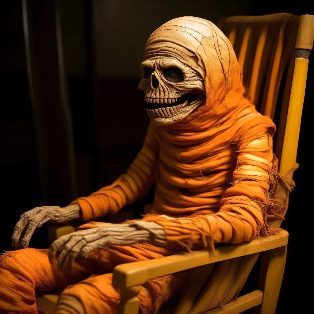 a decrepit orange mummy leaned over in a chair, mouth open, eyes closed