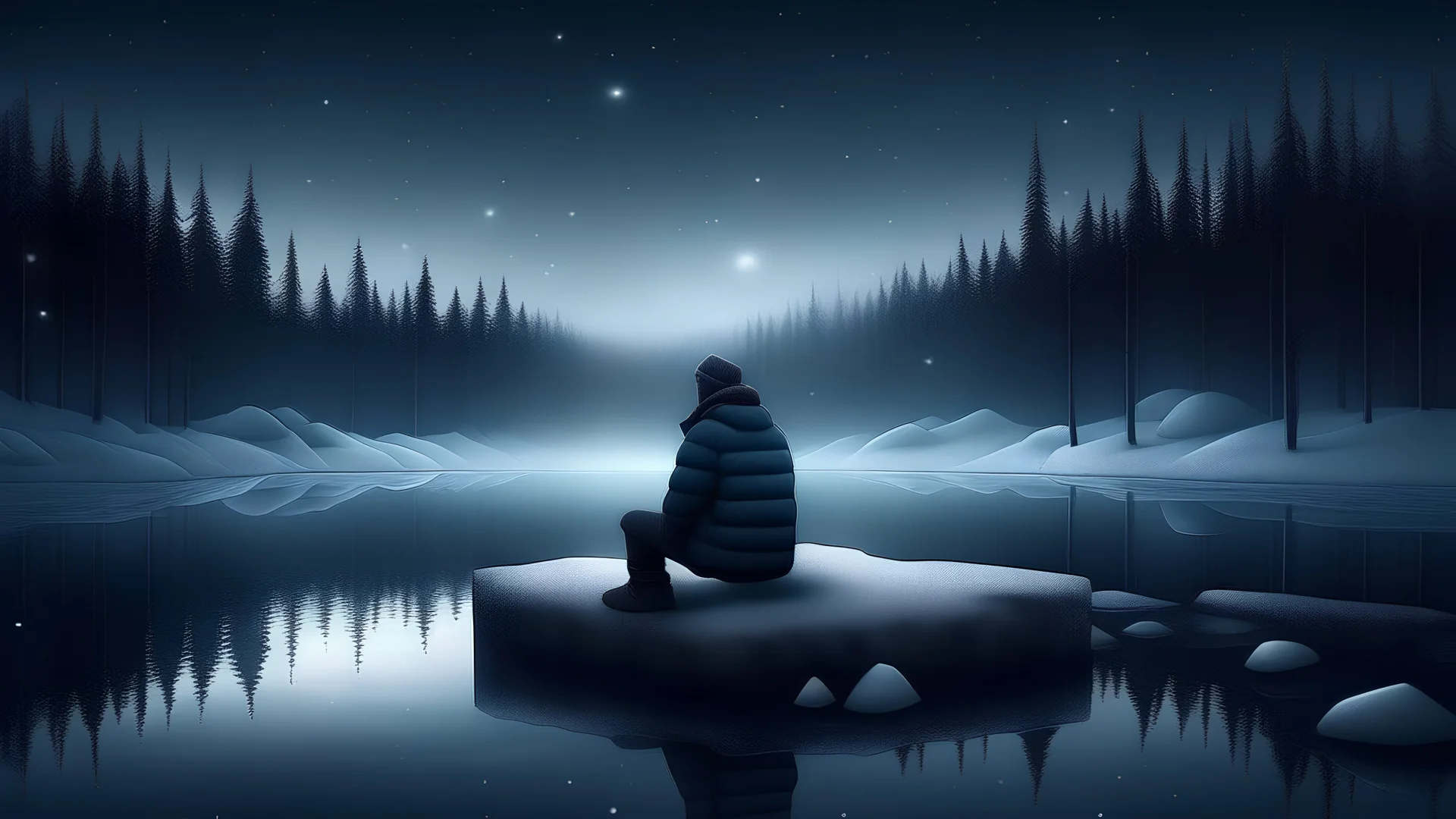 a young man was sitting on a block of ice,dark winter night,fir forrest scenery,a small city,mist,forest,night,snow,fir tree,night ,stars,city lights on a distance,cloud,frozen lake reflections,,dramatic scene,photorealistic
