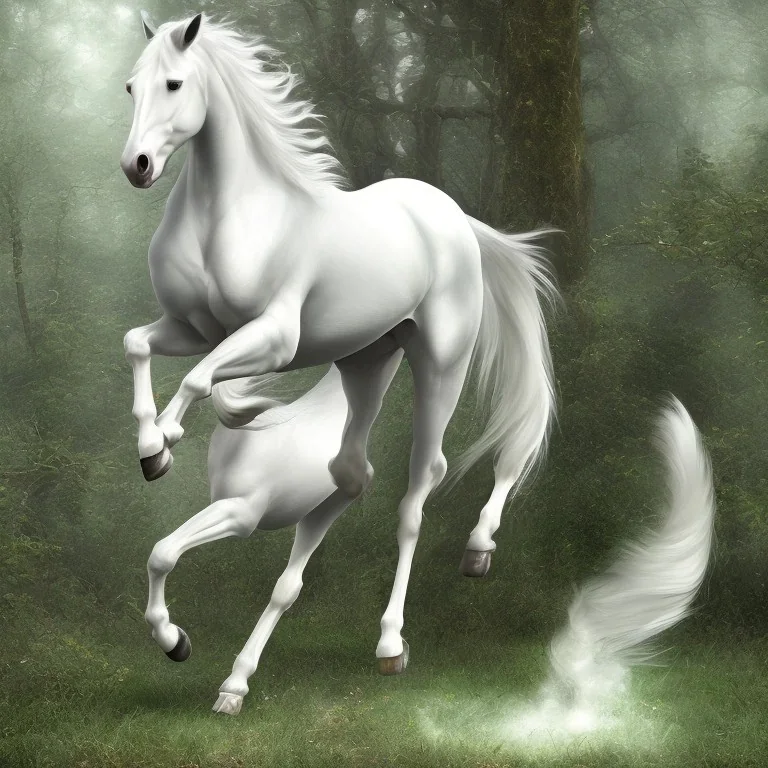 A white stallion galloping through the woods