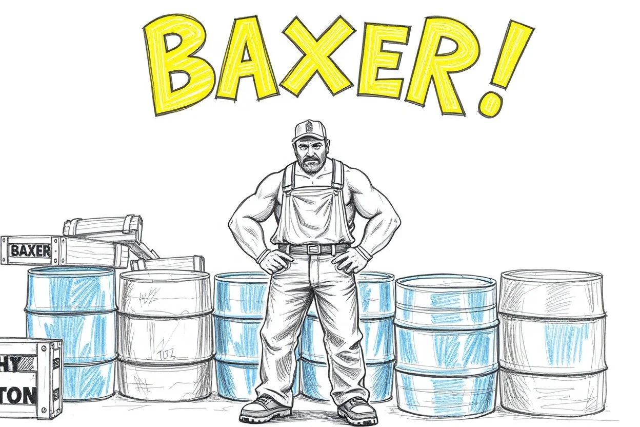 a drawing with sketch lead pencil, The word "BAXER" in yellow floating like a big sign, strong painting, strong expression, BAXER!, BAXER! the word Baxer, WOODEN CRATES AND BLUE BARRELS, A WORKING MAN (no beard and he have glasses) STANDS THERE WITH VERY BIG STRONG MUSCLES