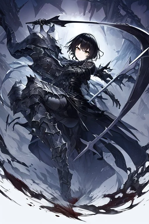 Anime girl with short black hair and sharp green eyes holding a sinister spear, full body black and white metal plate armour, full body shot, Dramatic lighting,1woman, soaked in blood,Warrior