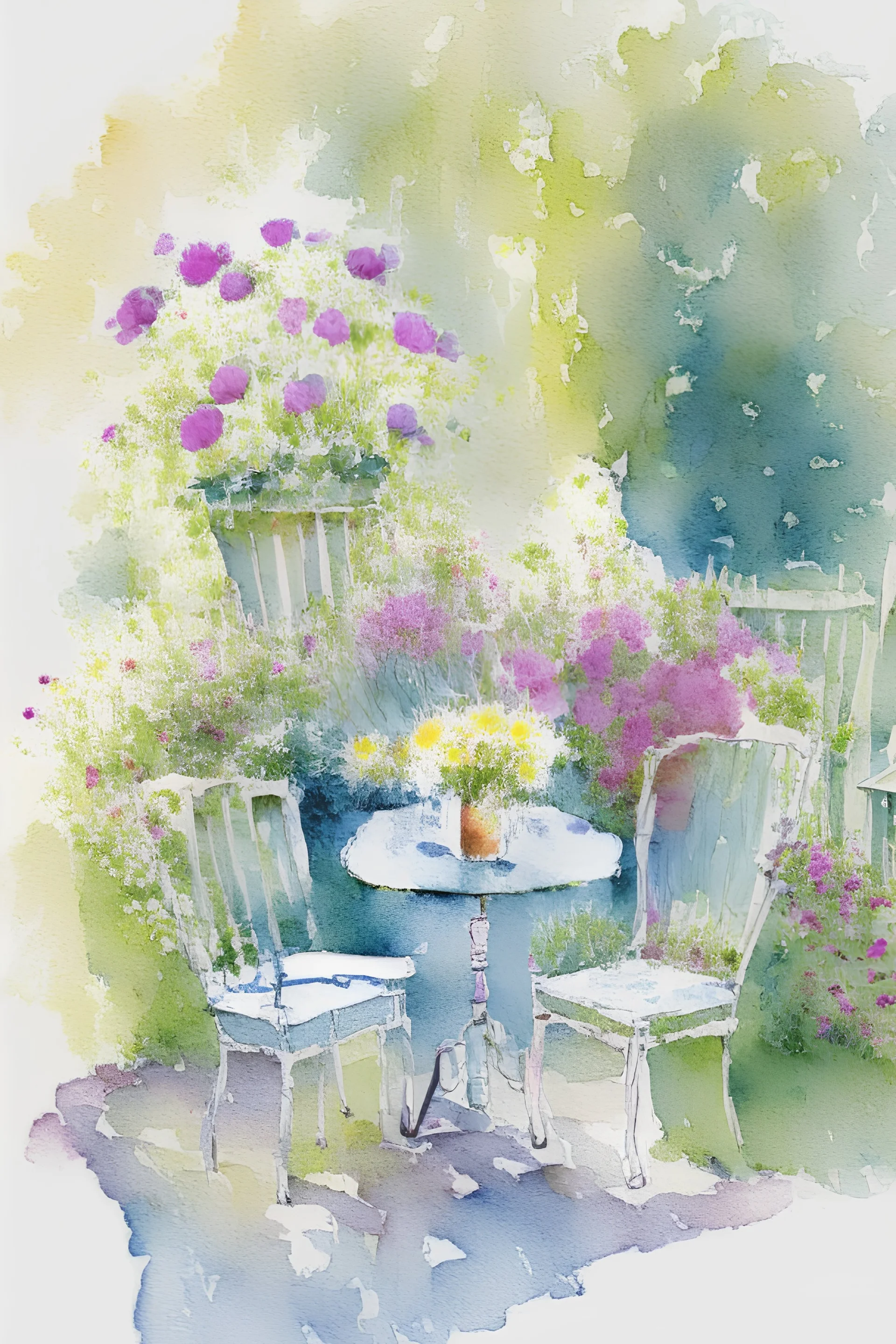 abstract watercolour english cottage garden with table and 2 chairs in the style of jean haines, centred