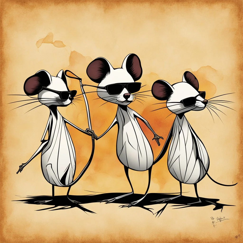 Three blind mice, dark sunglasses, dramatic, warm colors, dynamic diagonal composition, by Joel Pett and Ben Goossens, color ink illustration, eerie, warm colors, opulent shadows, by Colin McCahon