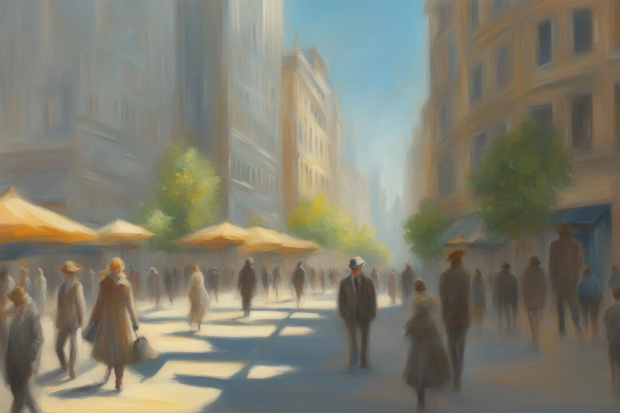 sunny day, city, sci-fi, people, epic, claude monet influence, realistic painting