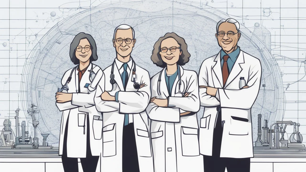 The image depicts a group of pioneering scientists standing together against a modern scientific backdrop. The scientists are dressed professionally and exhibit enthusiastic smiles. The image showcases intricate details of modern scientific and technological tools in the background, indicating the advancement of technology and science. The image conveys a message of inspiration and ambition to change the world through scientific research and innovative technology.