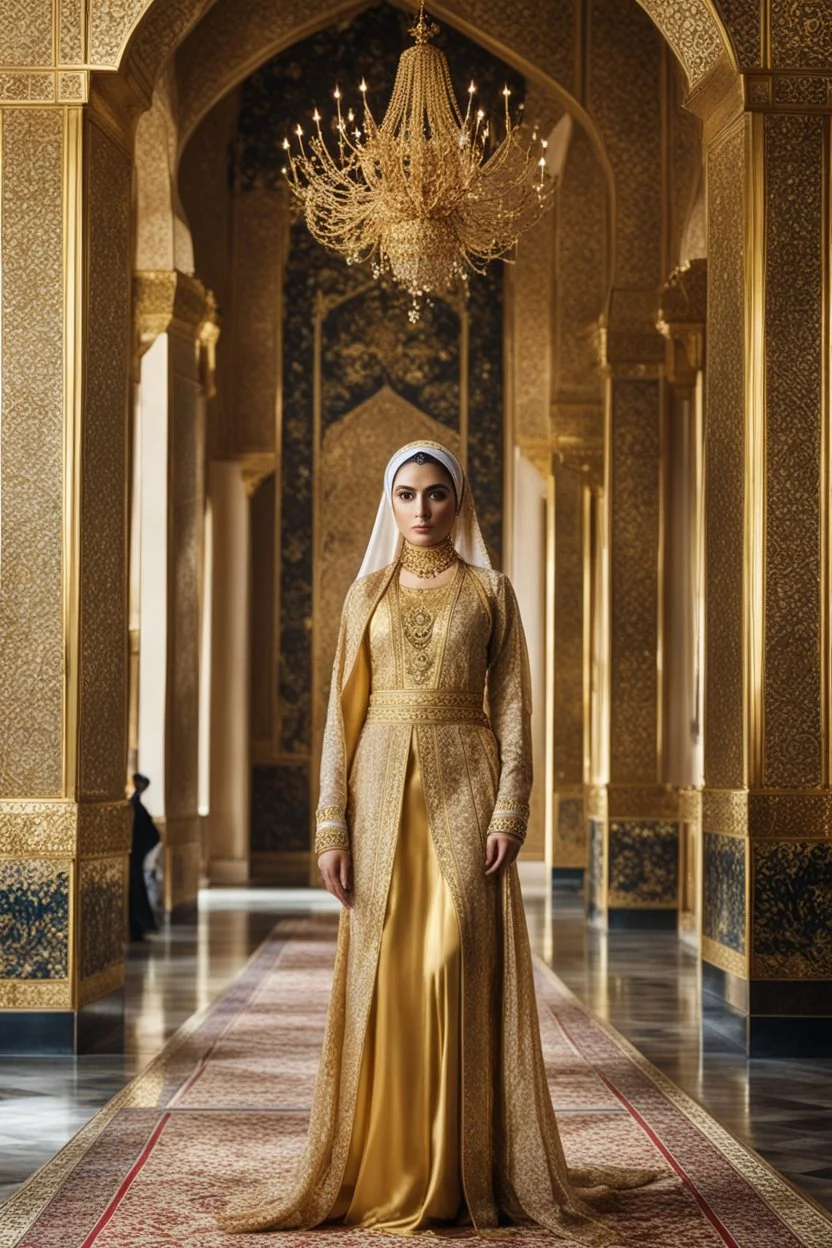 royal residence in the islamic kingdom style, golden decoration, full-length from afar, a beautiful Princess Iranian with luxury a hijab style, expressive eyes, bohemian, a photographic portrait, beautiful, focus on palace decoration, realistic, professional photo, high resolution, high detail