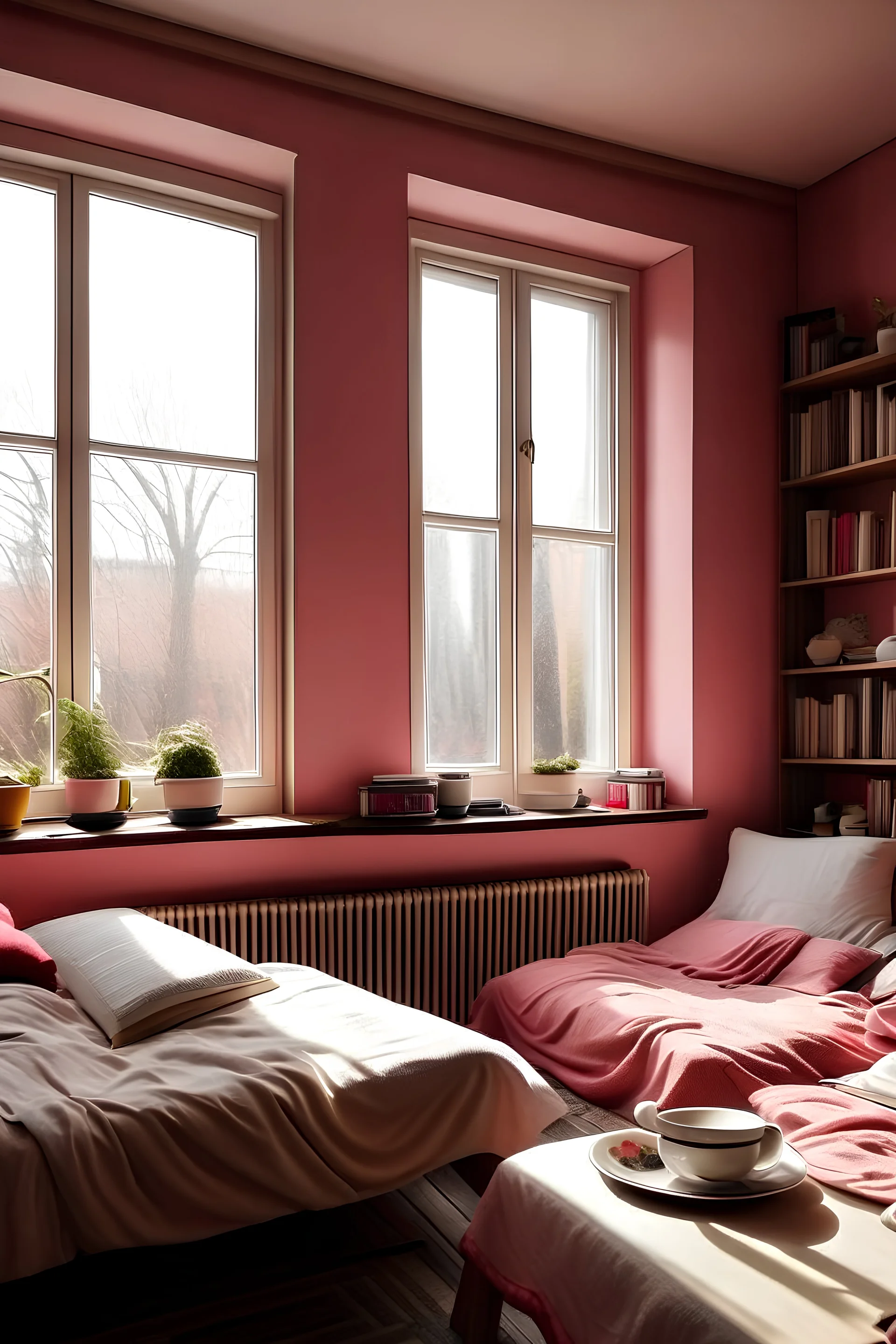 PinkRoom , four beds , sleeping , tablet , cup of coffee , books , big window
