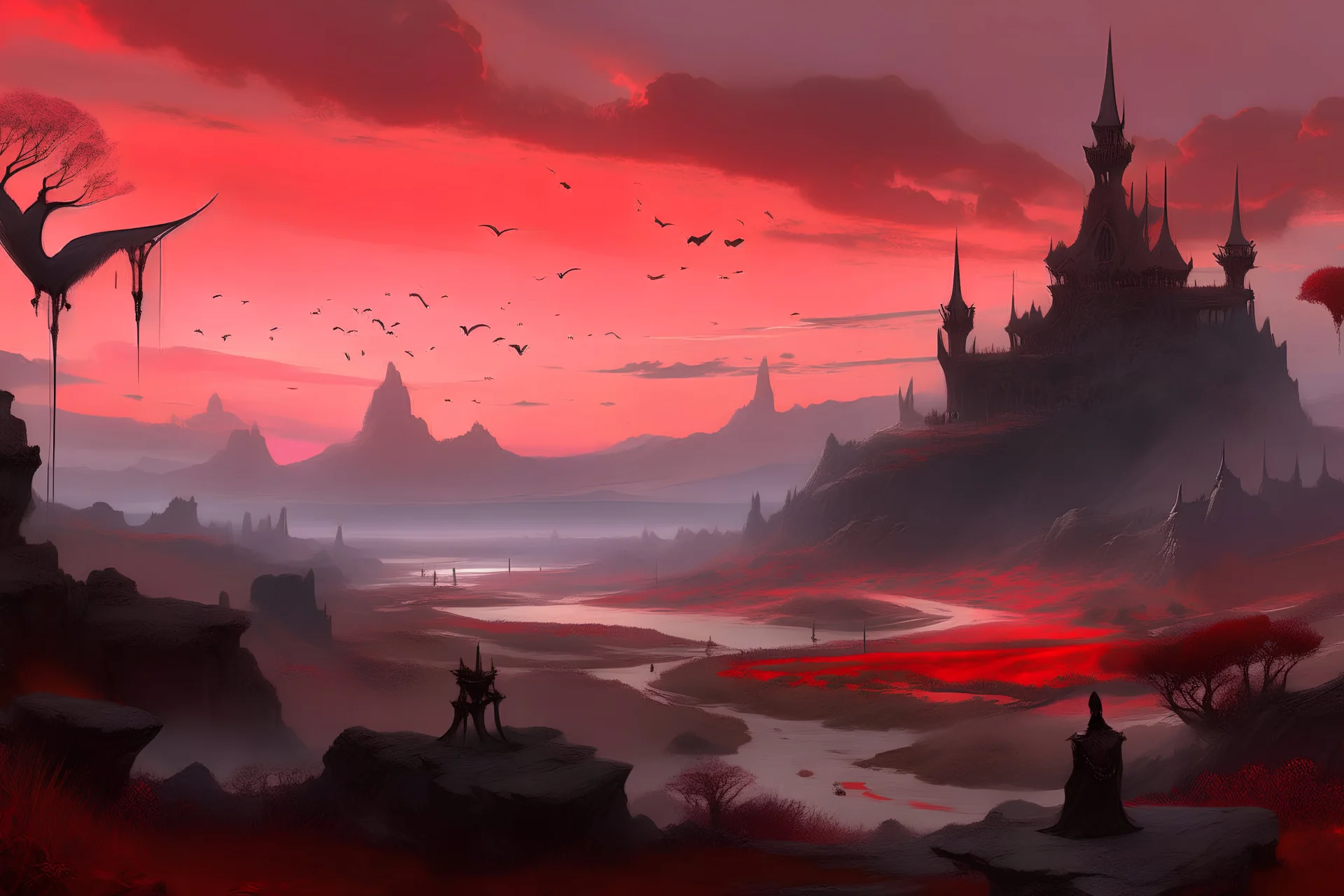 painting, landscape, artistic, illustration, artstation, black desert, pale red sky, large vamp, vereshagin style