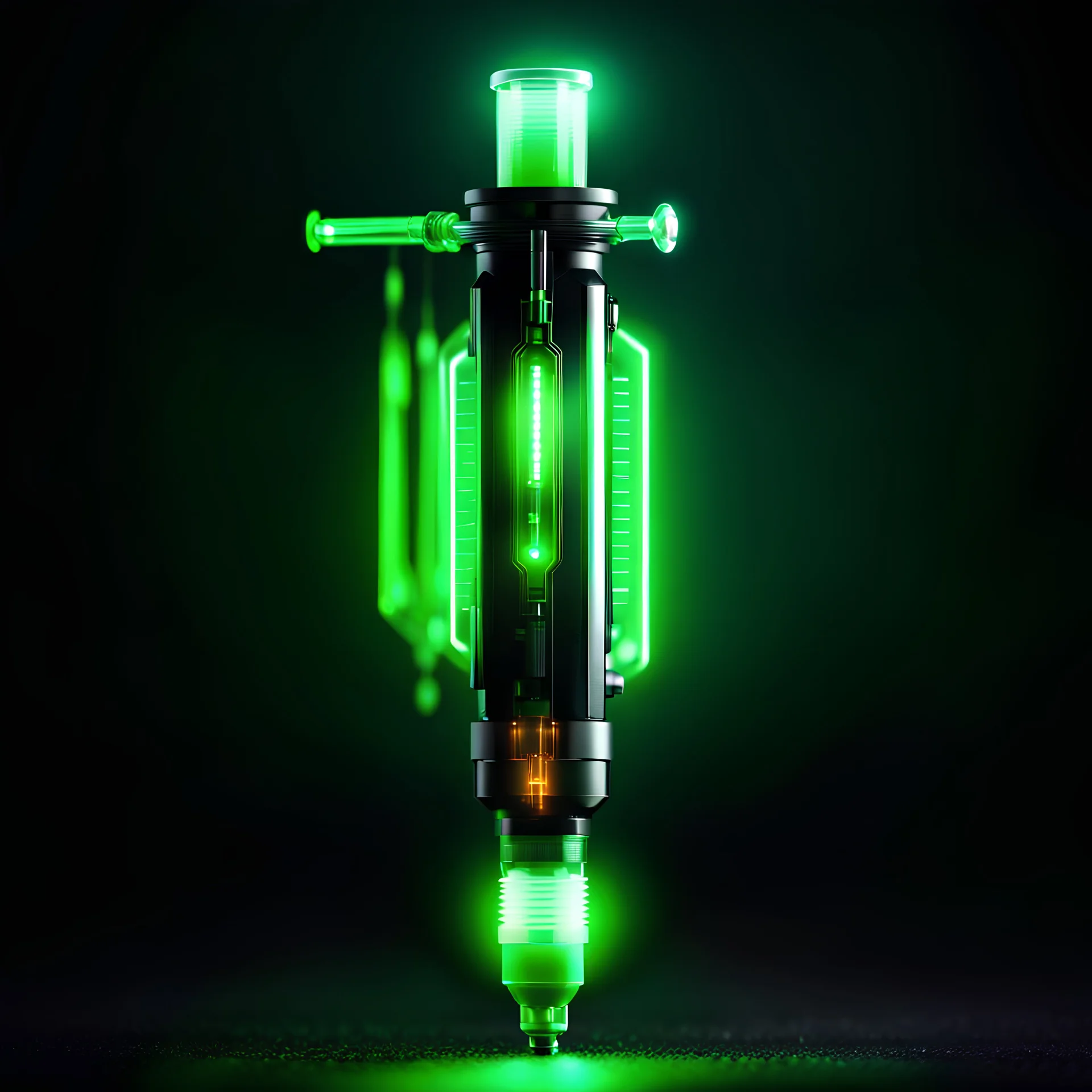 cyberpunk syringe, 45 degree angle, black background, green lighting, video game icon