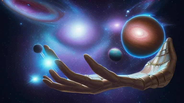 anamorphism trompe l'oeil hyperspace jeweled giant hand modelling a galaxy