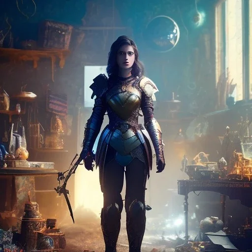 dark and gloomy full body 8k unity render, female teen cyborg, Blue yonder hair, wearing broken battle armor, at cluttered and messy shack , action shot, tattered torn shirt, porcelain cracked skin, skin pores, detailed intricate iris, very dark lighting, heavy shadows, detailed, detailed face, (vibrant, photo realistic, realistic, dramatic, dark, sharp focus, 8k)