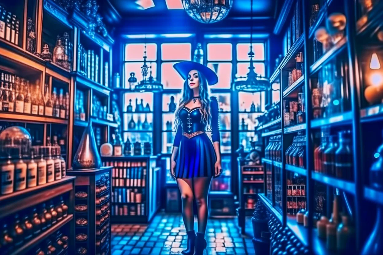 full-height shot of a young witch in a tight black short skirt, inside a large magic shop, shelving, bottles, windows