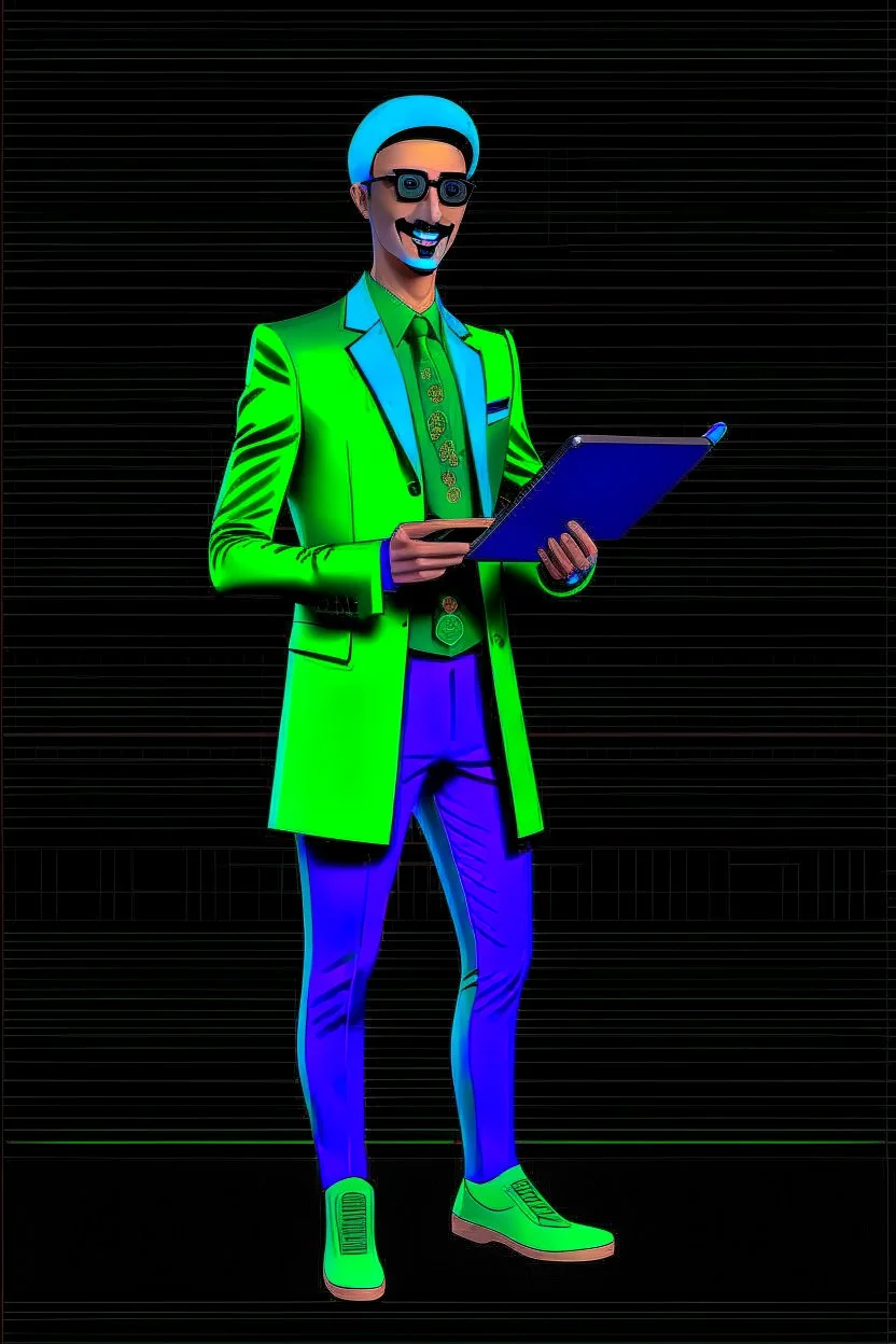 Modern guy, 20s, holding "ipad" in left hand, looks like a renaissance painting, walking forward, full body, "persian green coat", blue pants, "right hand in to the ground". "Front facing" "forward view" black background