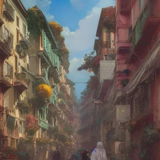 A greengrocer in colorful genoa street+Italian sea+alphonse mucha, greg rutkowski,matte painting, cryengine, hyper detailed, felix kelly, fantasy art, seb mckinnon empty anime