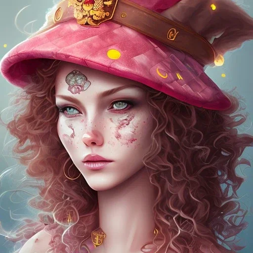 Fire witch, sweet looking, intimidating beauty, young, round face, pale skin, freckles, wild curly pink hair, red eyes, wearing a pink witch hat, wearing a glowing pink and red crystal necklace, pink and red eyeshadow, glossy pink lips