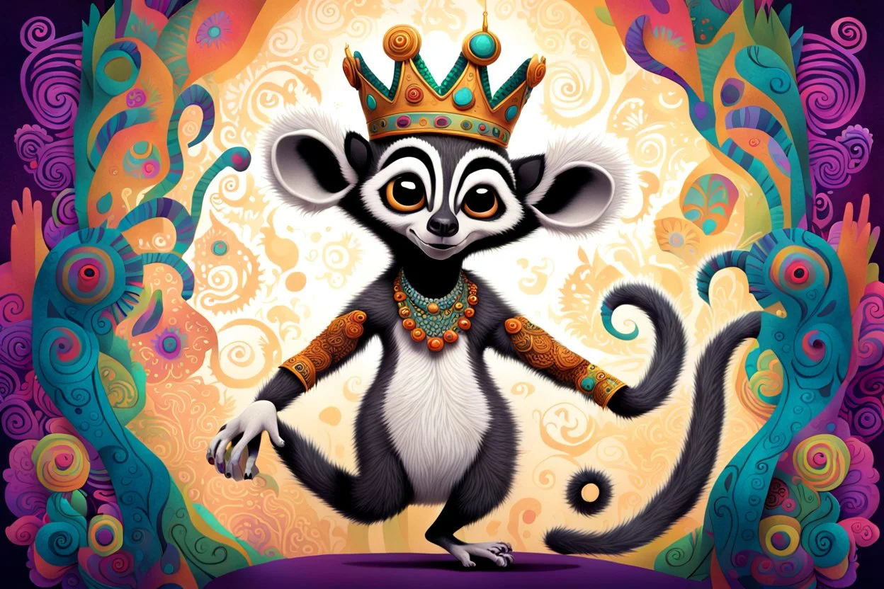 surreal, vibrant digital artwork featuring king Julien the lemur dancing with his tail held up high, with intricate abstract patterns and motifs swirling around them. striking facial features, wearing a crown made of skulls. dancing to "you gota to move it" in Disney style Madagascar