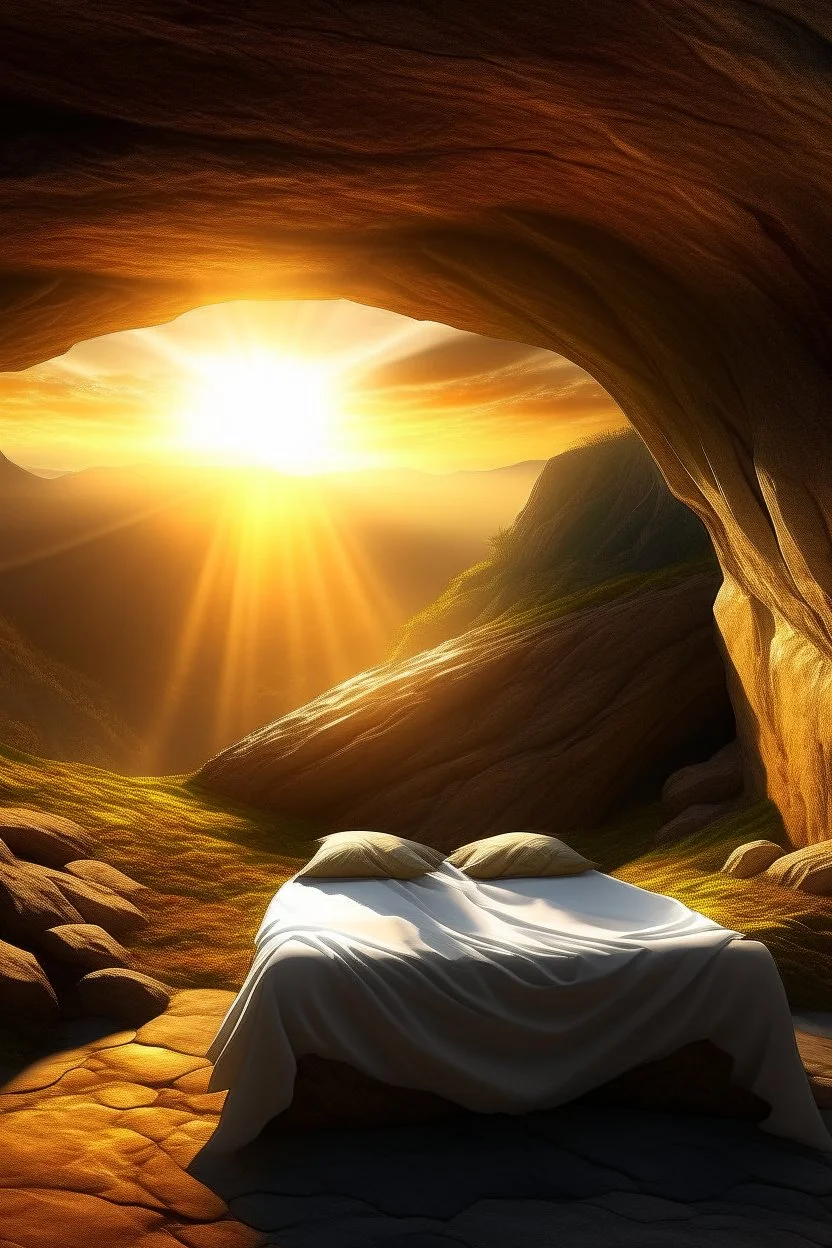 Imagine a surreal landscape at sunrise with a cave tomb in the side of the hill and a stone slab rolled back from the entrance. Inside the cave you can see a shroud folded neatly on the bed where a body would lay. Through an opening in the cave wall you can see the sunrise and two winged angels
