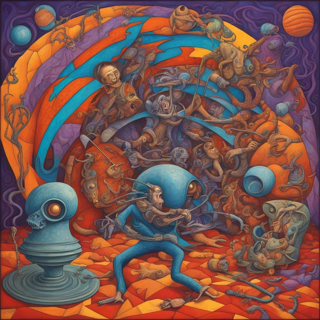 He who has been caught among thieves shall suffer the same fate, neo-surrealism, complementary vibrant colors, paradoxical chaos, by Stanley Mouse.