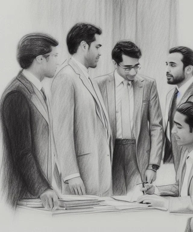 Pencil sketch of Four doctors are discussing ، on lined paper