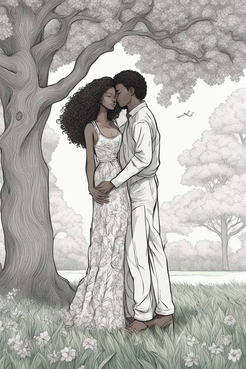 create a coloring page An illustration of a young heterosexual black couple standing under the shade of a towering oak tree, eyes closed and foreheads pressed together affectionately. The woman has long, curly hair that blows lightly in the breeze. She wears a floral sundress and holds her partner's hands tenderly. The background shows a sunny park with green grass, wildflowers, trees, and a pond. No shading, no color, No gray, clean lines and white back ground