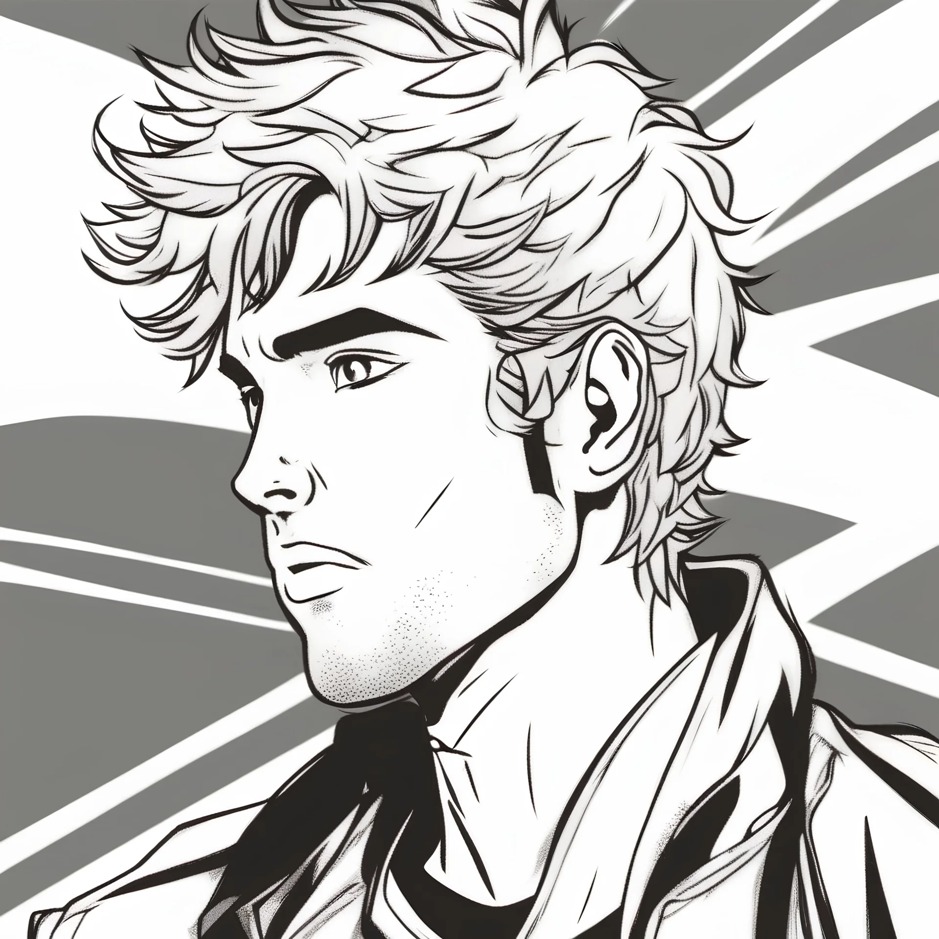 young man with scruffy hair, stubblem comic book style