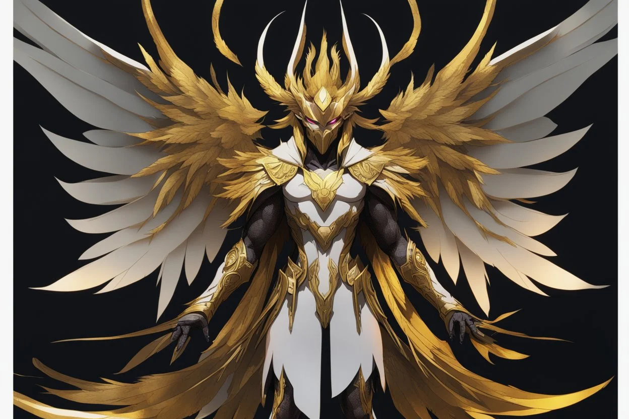 grendel in 8k solo leveling shadow artstyle, golden them, neon effect, big white wings, feathers, full body, apocalypse, intricate details, highly detailed, high details, detailed portrait, masterpiece,ultra detailed, ultra quality