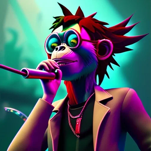 Mystery gorillaz noodle,Ambiance dramatique, dramatic lighting, volumetric lighting, concert background, hyperrealisme, 8k, high quality, lot of details, fit within portrait