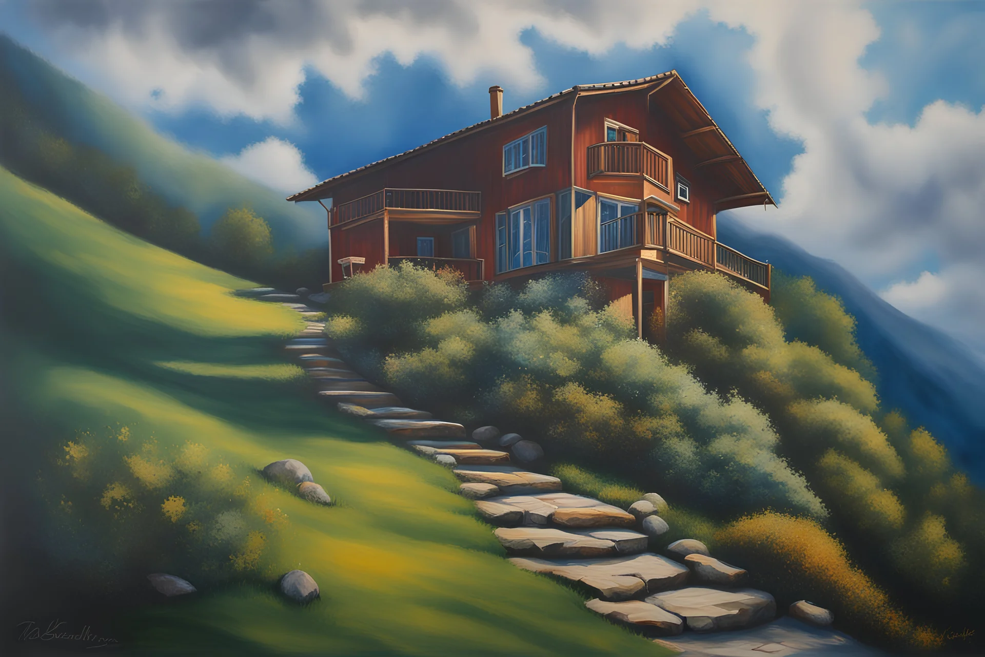 House in the mountain, clouds deep blue shadows,acryl painting, deep soft colors , highly detailed, very attractive, beautiful, light reflections, photorealistic, fantastic view, Nikon-D850