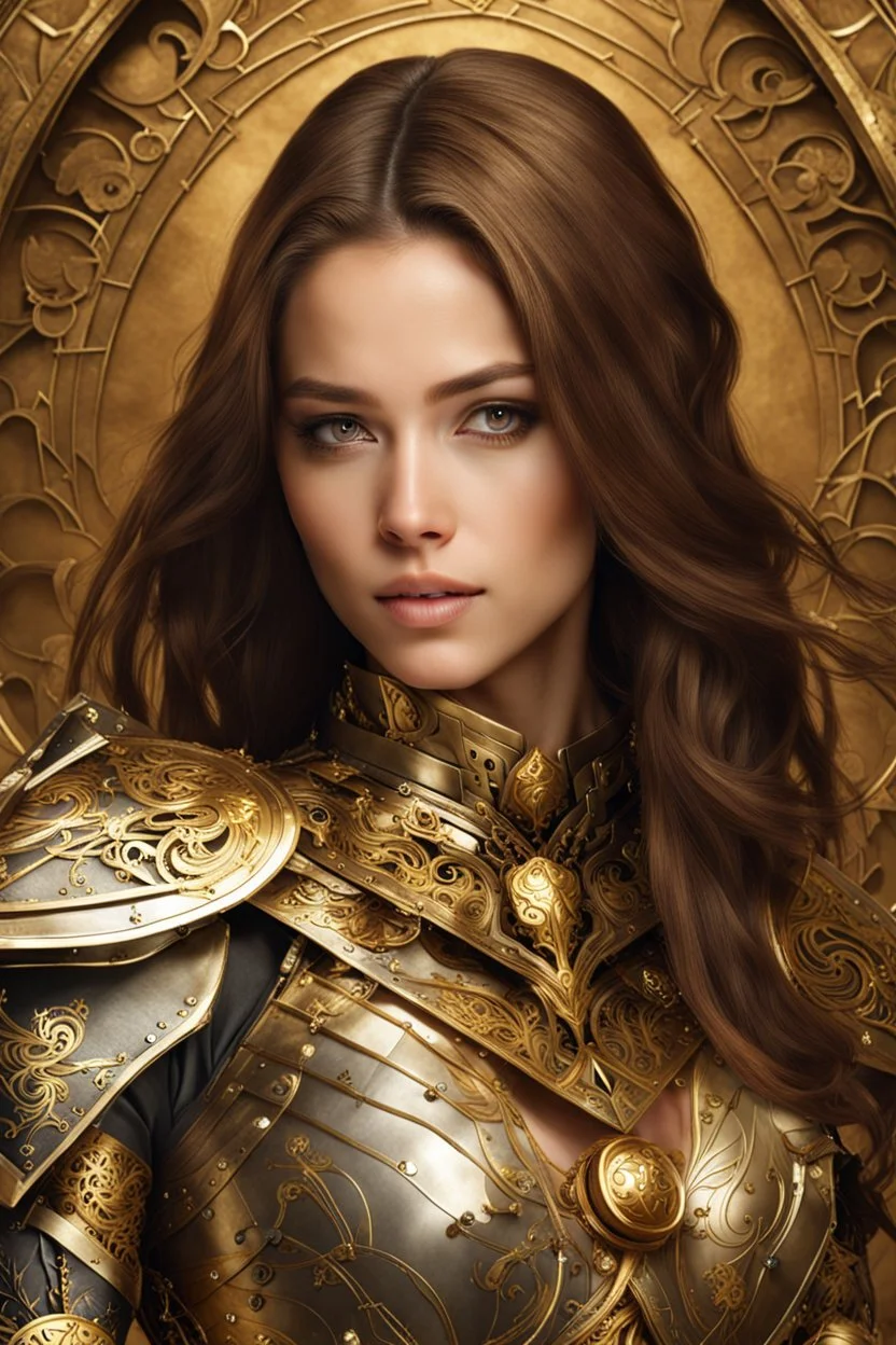 Photography,very beautiful girl,full body,looking front view,brown long hair, mechanical,delicate gold,silver metalic parts, golden parts, intricate armor, detailed part,Movie Still