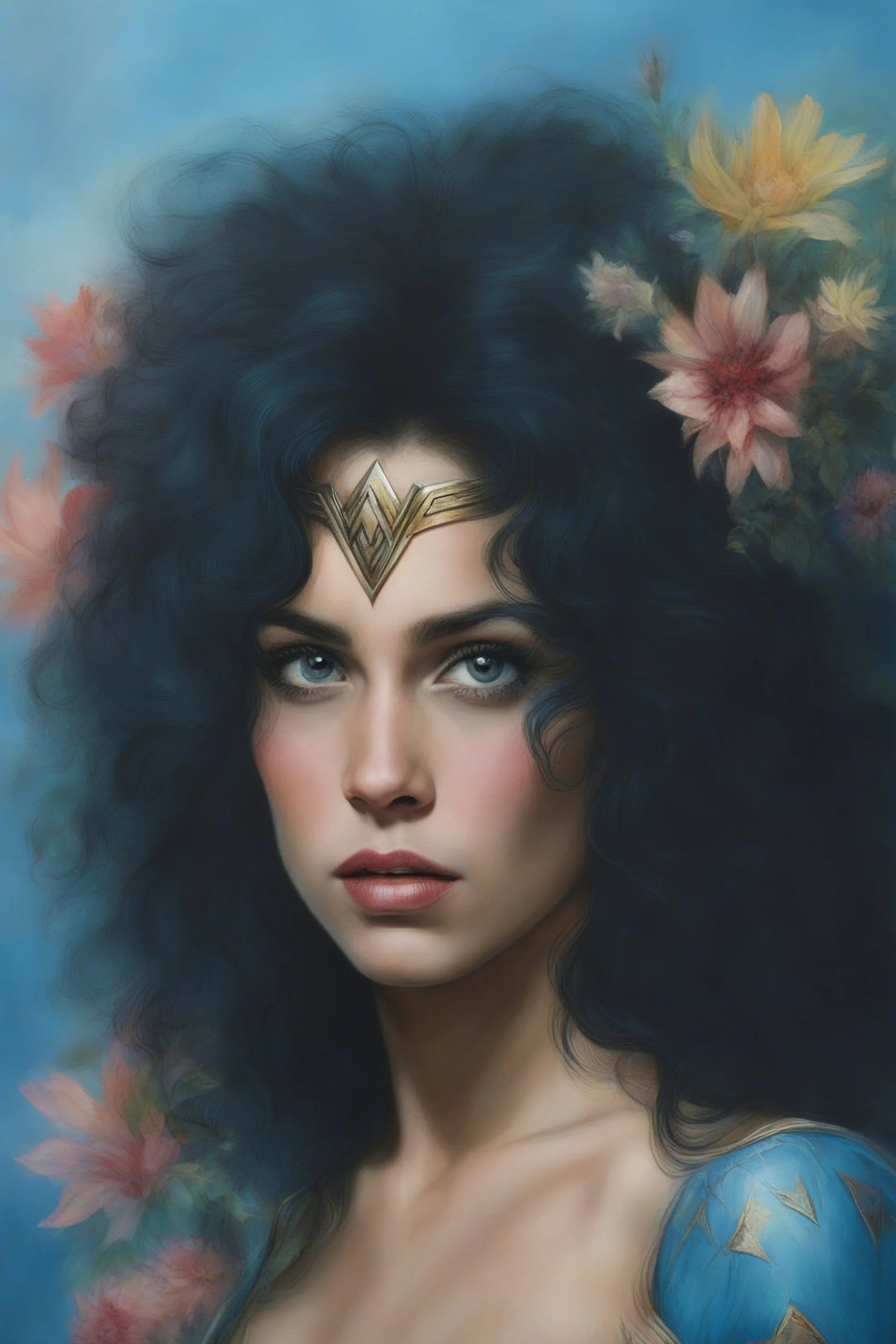 facial portraits, 1980, 16-year-old wonder woman, ((1980's big hair, long, teased up Spikey Motley Crue style hair)), black hair, facial portraits, foggy, cloudy blue wall with assorted designs and multiple floral arrangements in the background, 4k, 8k, 16k, 32k, 100k UHD, Ultra-Hyper Resolution, dark, sultry eyeshadow, eyeliner, mascara, rouge, lipstick