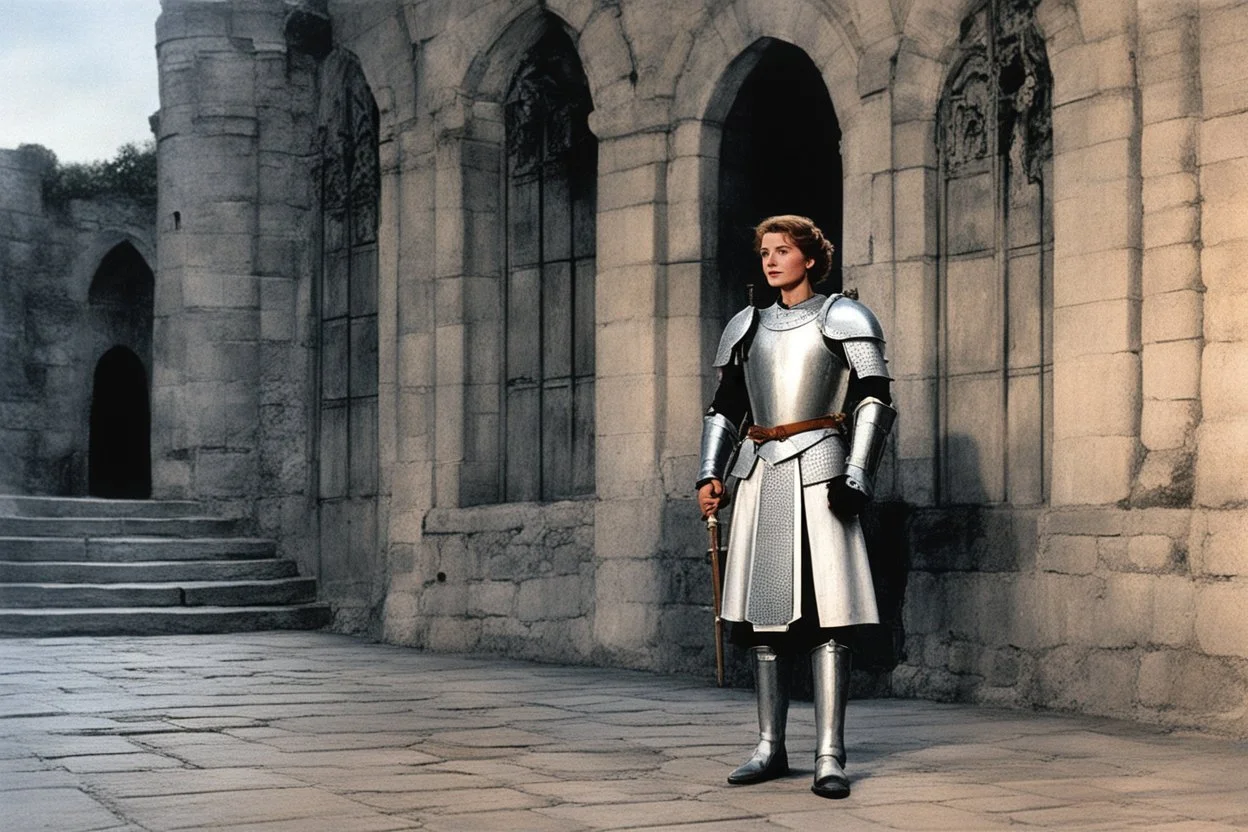 [middle age art by Jason and the Argonauts (1963)] at nightfall: lonely youthful smiling Joan of arc in her armour in the courtyard of the Royal Court in Chinon for an audience with Charles, the King of France at the age of 17. the guards open the gates of the city