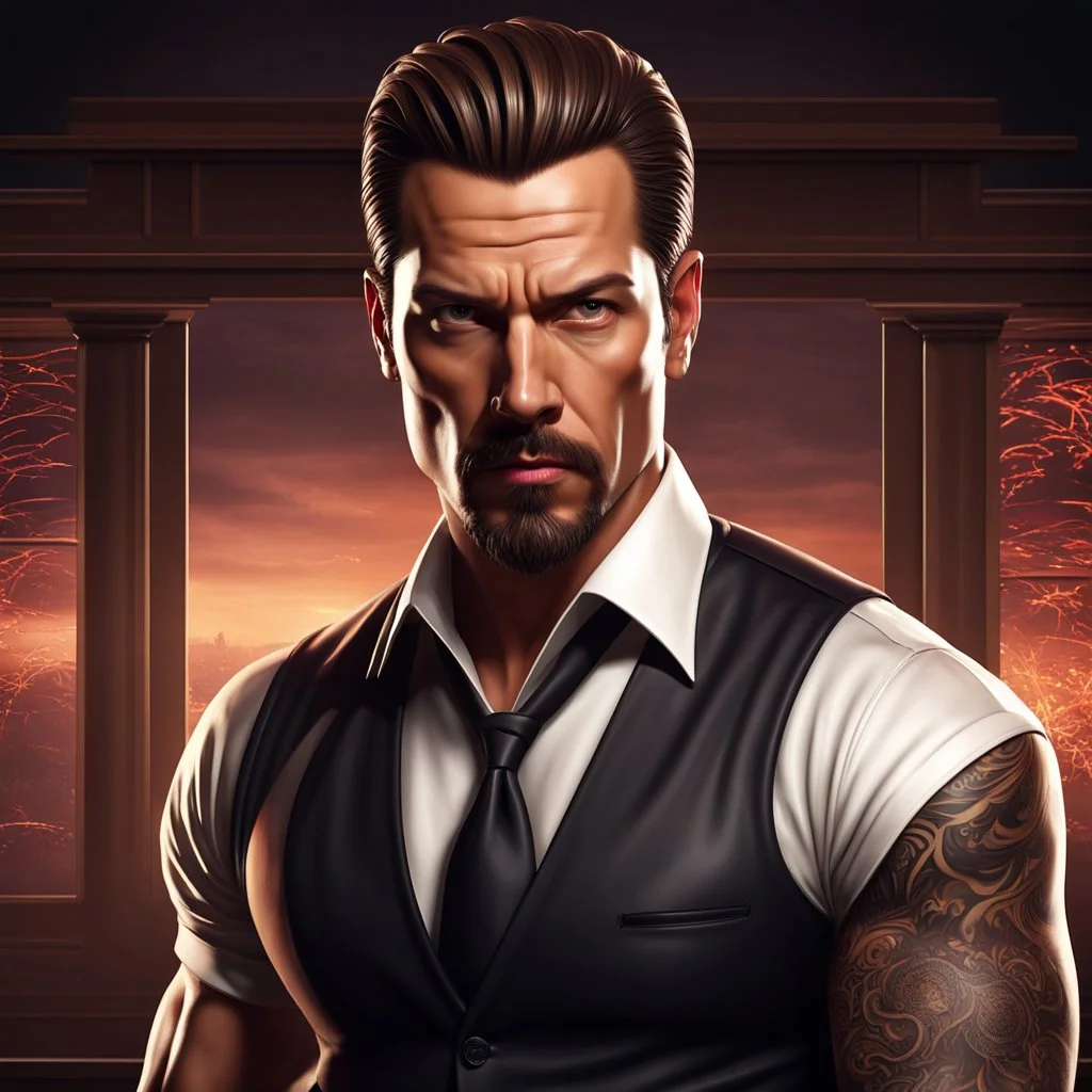 portrait of a 40 year old Handsome, smart gang boss with lightly tanned skin. medium length brown hair slicked back and a goatee beard. mean looking. shirtsleeves rolled up to reveal tattooed arms. photorealistic. 4k