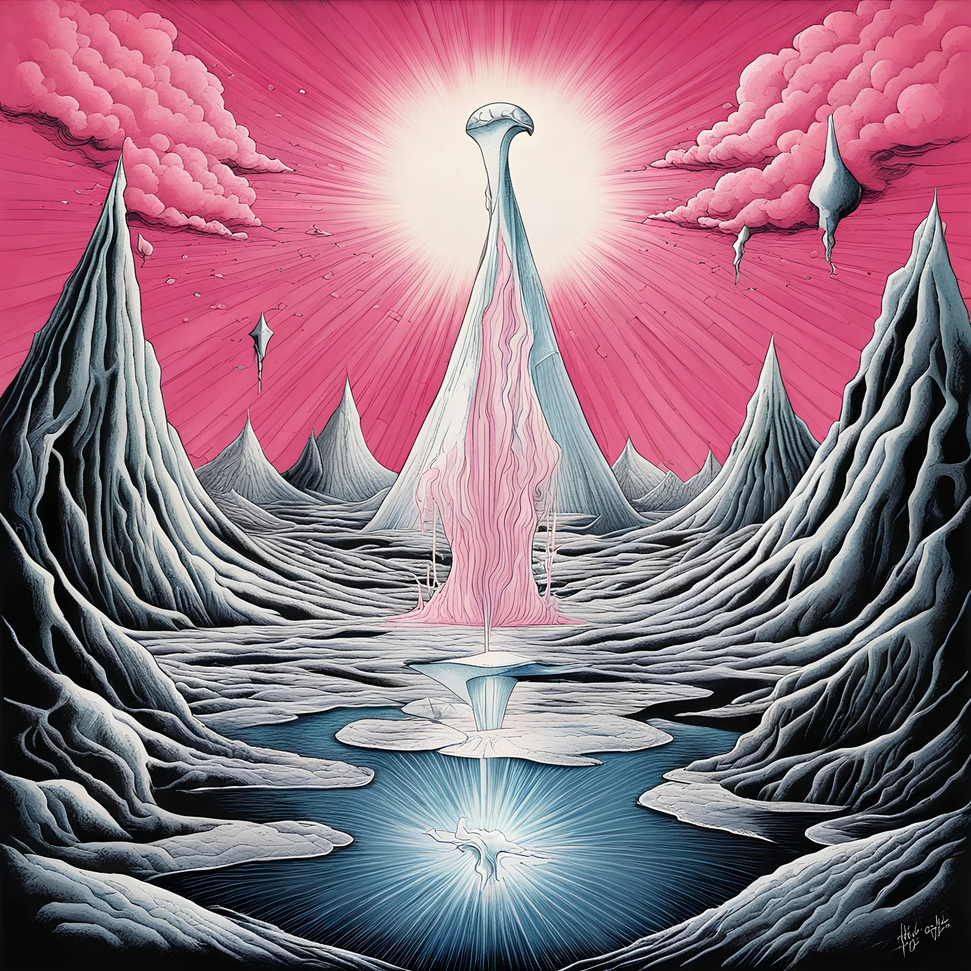 Thin Ice cracks, slip out of your mind, Pink Floyd iconography, surrealism, dramatic, by Tom Toles and Lynd Ward, Pink Floyd album art, detailed, fine lines, sharp focus, weirdcore