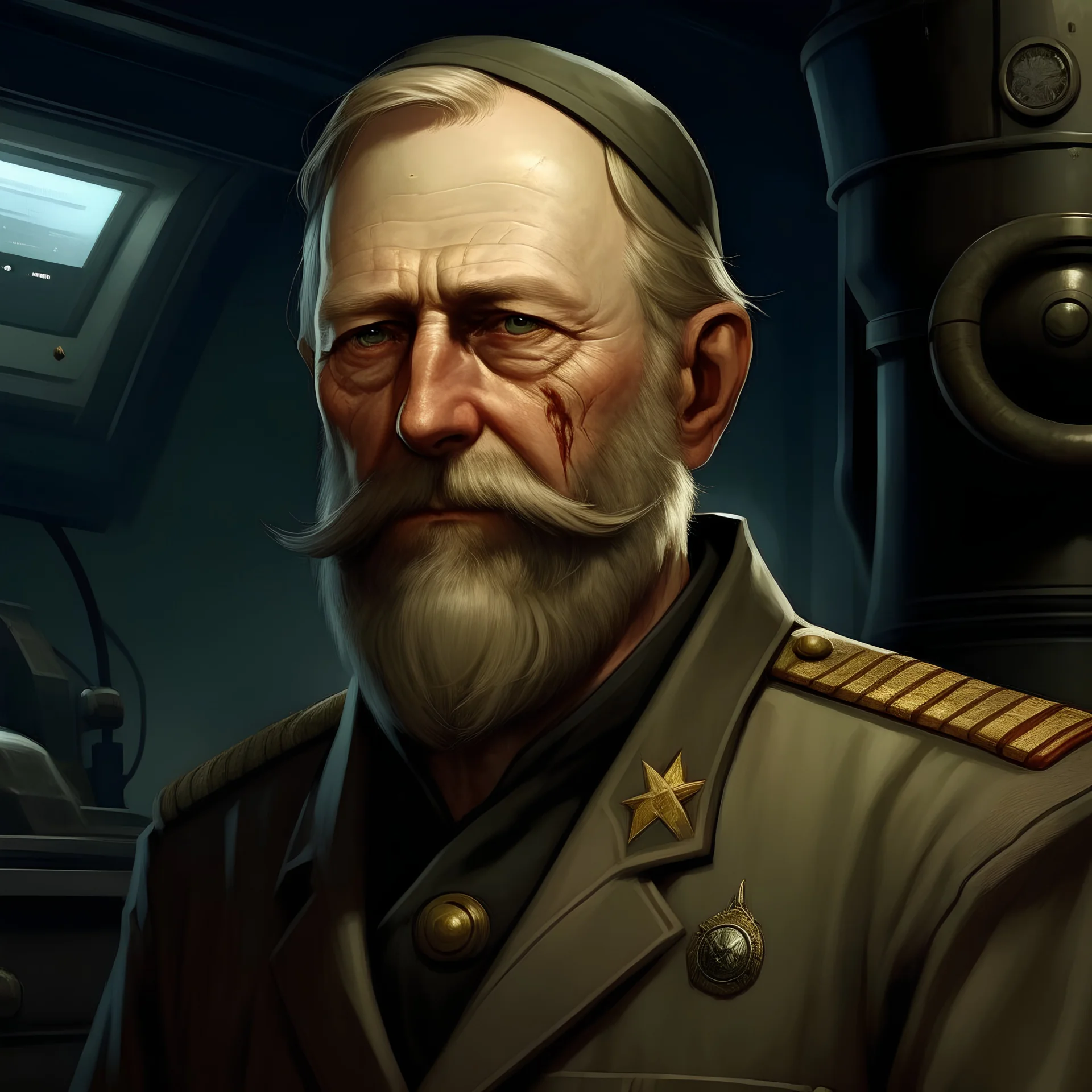 The submarine medic Leopold Hirsch, a well groomed blonde man with a beard realistic grimdark setting