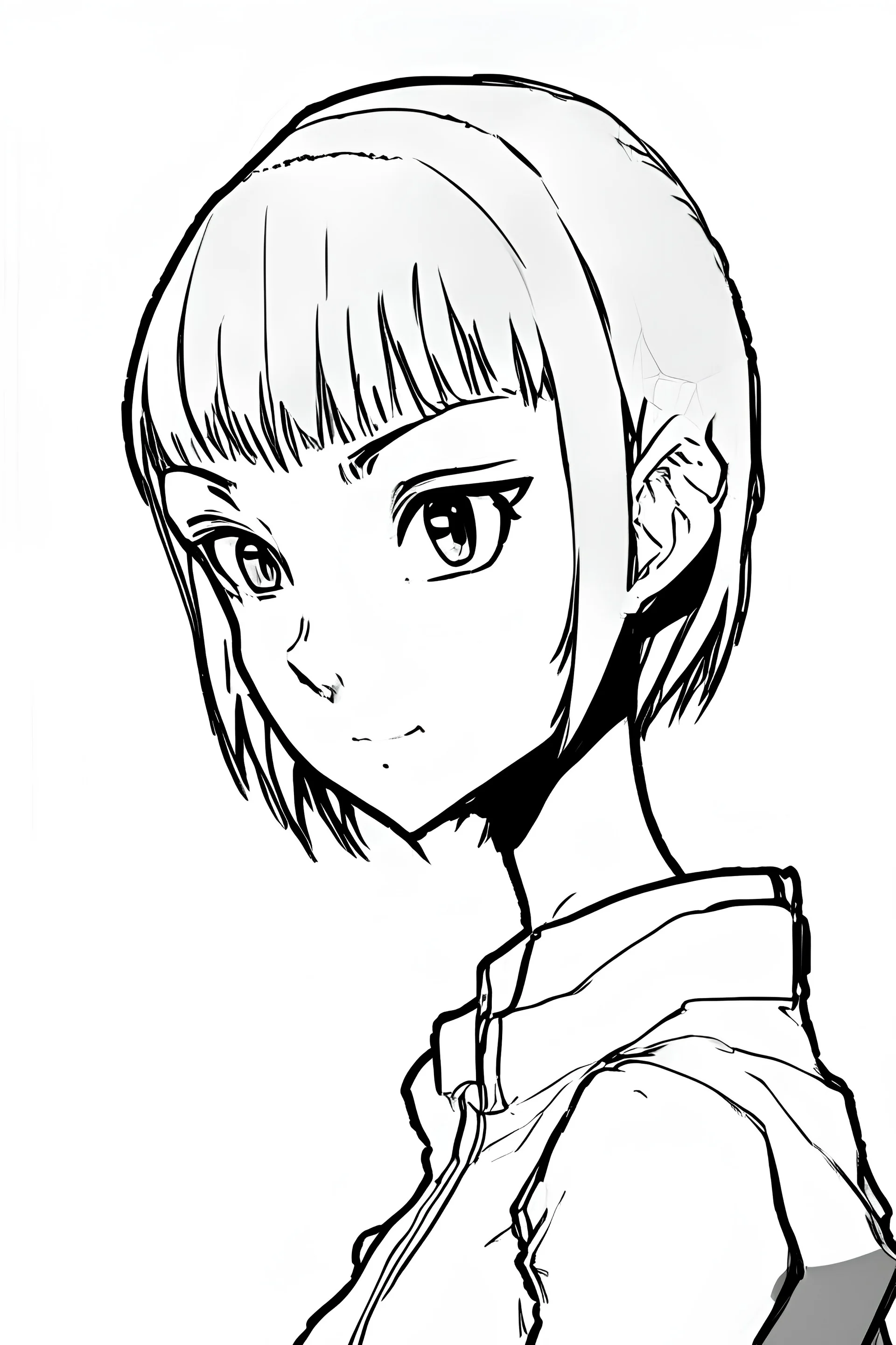 outline drawing of an anime girl with short hair with a Komodo